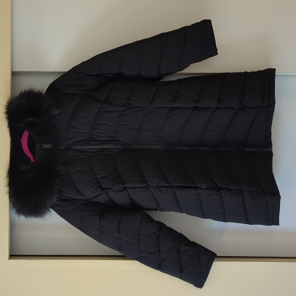 Calvin Klein Puffer Long Jacket with Detachable Faux Fur hood - Black - Large